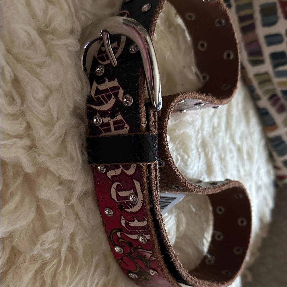 Ed Hardy Embellished Studded Pink and Black Leather Belt Sz XL